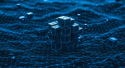 Wall Mural - a complex arrangement of blue cubes floating above a blue wireframe grid with particles around them