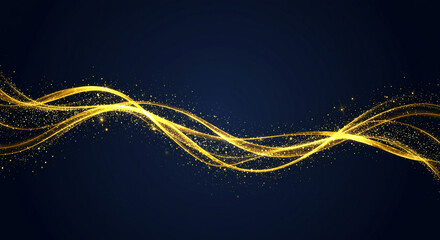 Wall Mural - abstract golden wavy lines with sparkling particles on a dark blue gradient background design elemen