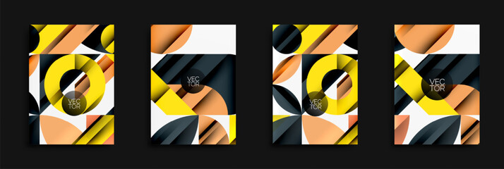 Fototapete - Abstract geometric designs. Four variations using circles, lines, shapes, colors. Modern vector illustrations for backgrounds or templates.