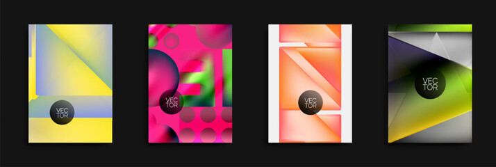 Fototapete - Four vibrant abstract designs. Geometric shapes blend with gradients, creating modern visuals. Each includes vector text.
