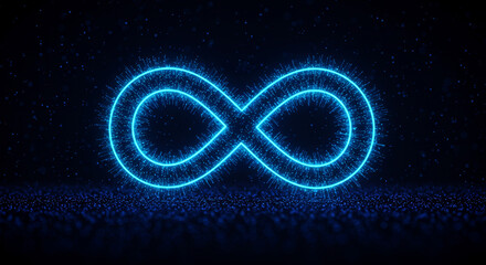 Wall Mural - A glowing blue infinity symbol with particles on a dark background creating a digital effect