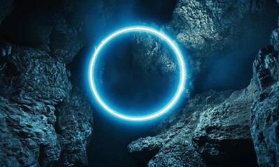 Wall Mural - a cinematic shot of a glowing neon circle gently pulsing in a dark space creating a hypnotic atmosph
