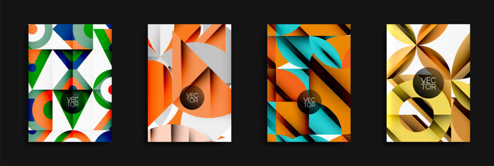 Fototapete - Geometric patterns dominate designs. Bright colors, shapes create modern abstract backgrounds. Vector graphics present stylish visuals.