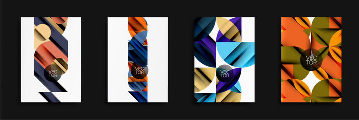 Poster - Abstract geometric designs. Rectangles, triangles, circles overlap creating modern patterns. Bright colors dominate compositions.