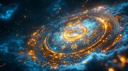 cosmic celestial chart swirling with golden light.