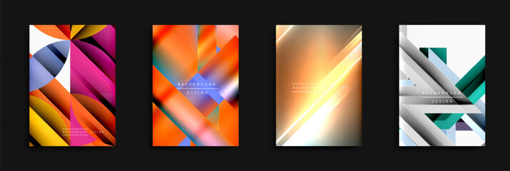 Fototapete - Abstract geometric designs. Vibrant colors, gradients, overlapping shapes create modern backgrounds. Minimal text present.