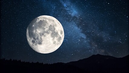 Wall Mural - this stock photo features a prominent full moon with visible craters, set against a dark blue, star-