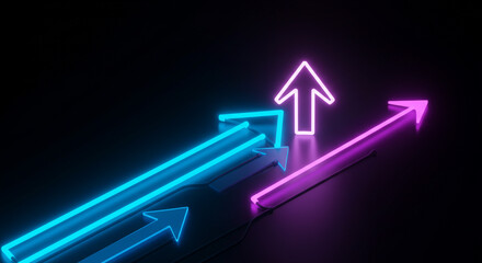 Wall Mural - Neon arrows pointing up in blue and purple against a dark background with a futuristic vibe