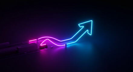 Wall Mural - A neon arrow pointing upwards with a wavy line in blue and purple on a dark reflective surface