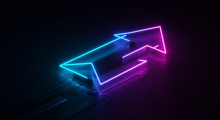 Wall Mural - Illuminated neon arrow sign with blue and pink colors on a dark reflective surface background