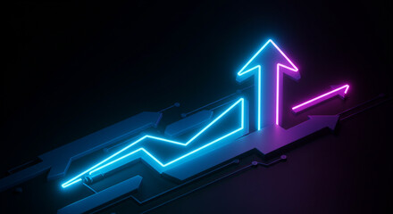 Wall Mural - Neon arrows pointing up on a futuristic platform with a dark background showing growth and progress