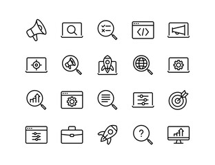 SEO Vector Icon Set | Adjustable Line Weight | Marketing, analytics, optimization, search, ranking, growth, keywords, rocket, traffic, coding, settings, strategy, target, results icons