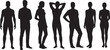 © SABBIR - Flat vector silhouettes of casually dressed men and women standing in different full-body poses, solid black figures isolated on white background for creative design