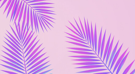 Wall Mural - three purple palm leaves on a light pink background creating a soft tropical and summer vibe art