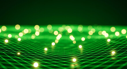 Wall Mural - Abstract green grid with glowing orbs and bokeh lights creating a futuristic technology background