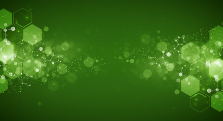 Wall Mural - abstract green background with hexagonal shapes and molecular structures on the edges