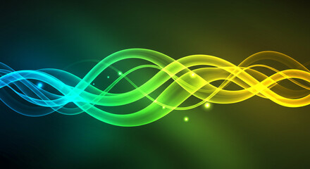 Wall Mural - abstract colorful waves flowing across a dark background with shining light particles effect