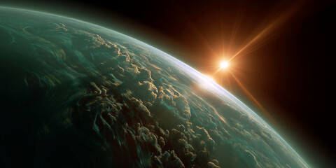 Wall Mural - planet earth viewed from space, sunrise with sun rays, showing swirling clouds and atmospheric layer