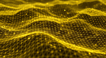 Wall Mural - A golden abstract network with a wavy surface and bright particles scattered across the structure