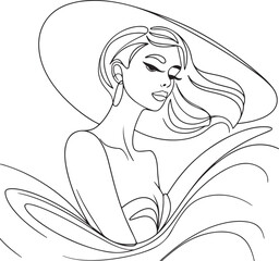 Wall Mural - minimalist elegant woman portrait line drawing with flowing hair wide brim hat and serene expression