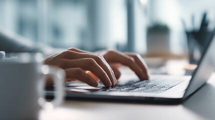 Wall Mural - close-up of hands typing on laptop keyboard, suggesting work, communication, or online activity. ima