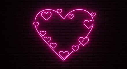 Wall Mural - A pink neon heart shape with smaller hearts around it on a dark brick wall background display
