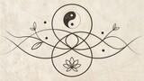 Yin Yang Symbol with Lotus and Floral Elements on Textured Background  