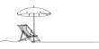 © Line emotion - Continuous one line drawing of beach sunbed design. Beach umbrella and chair for holiday and vacation concept in single line draw. Editable stroke, Continuous one single minimal line drawing summer .