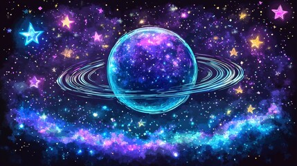 Wall Mural - cosmic planet with vibrant appearance featuring neon rings and a glowing starscape set against a pin