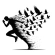 © Alam - Black silhouette vector of a runner turning into birds mid-sprint, abstract motion logo on white background