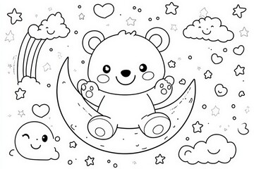  Black and white line art of a cute cartoon bear sitting on the moon, surrounded by clouds, stars, and hearts in a night sky. Adorable kids coloring page or bedtime theme art.