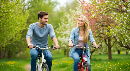 A happy couple enjoying a bike ride in a vibrant spring park, surrounded by blooming trees and greenery.