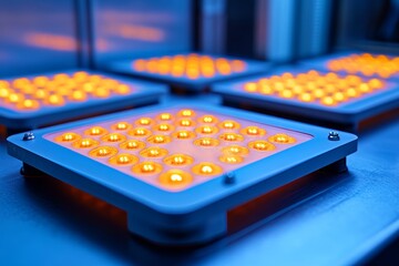 A close-up of numerous orange LED lights forming a tunnel effect with a blurred background glow