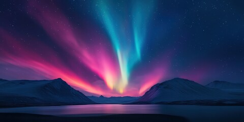 Wall Mural - Captivating Northern Lights Display Above Mountains and Reflecting Lake at Night, Aurora Borealis Photography