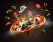 © Argiduna - Fotografía de una explosión de pizza de pepperoni deconstruida con ingredientes flotando en el aire, pepperoni, mozzarella, burrata suave, couli de tomate, albahaca, aceite de oliva, base de pizza,