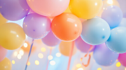 Poster - Colorful balloons in pastel shades of pink, yellow, blue, and purple create festive atmosphere, with soft bokeh lights in background adding dreamy and celebratory touch