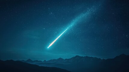 Wall Mural - Majestic nighttime scene, a brightly glowing meteor streaks across starry heavens above silhouetted mountains.