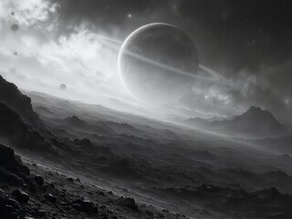 Wall Mural - Dramatic Black and White Depiction of a Distant Alien World and Ringed Planet, Abstract Universe