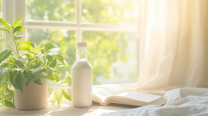 Aufkleber - serene morning scene with bottle of milk, potted plant, and open book placed on windowsill, bathed in soft sunlight. This evokes calmness and promotes daily health and hydration