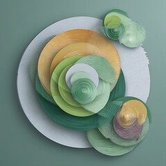 Wall Mural - abstract concentric circles green and gold tones on light gray with green background design.