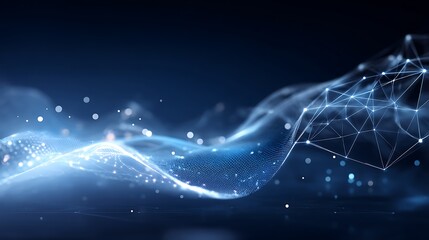 Wall Mural - abstract data network visual with connected polygons and light streaks in deep blue tones.