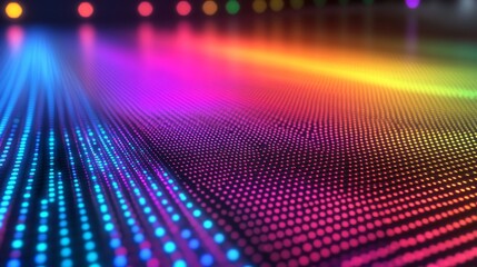 A futuristic appearance is achieved through an abstract digital display featuring red and blue bokeh lights set against a grid pattern