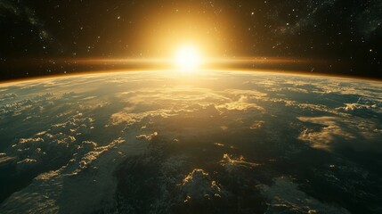 Wall Mural - an aerial perspective of clouds and horizon reveals a bright sun and stars in the dark sky that lies