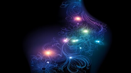 Wall Mural - abstract floral fantasy with glowing orbs mystical botanical design on deep backdrop nightscape styl