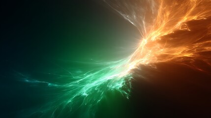 Wall Mural - abstract fractal wave of energy intertwined with green and orange colors on dark backdrop art