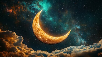 Wall Mural - a dark blue sky filled with numerous twinkling stars serves as the backdrop for a crescent moon with