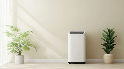 Aufkleber - sleek portable air conditioner stands between two potted plants in bright, minimalist room with soft natural light