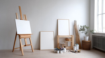 Aufkleber - Frame and canvas for photo mockup in bright artist studio with painting supplies and natural light creating calm creative atmosphere for art display or design presentation