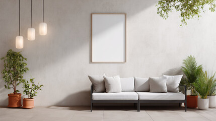 Poster - Frame mockup for photo displayed above modern sofa in minimalist living room with indoor plants and soft lighting creating calm atmosphere