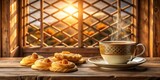 Warm Beverage and Sweet Treats Enjoyed by a Window at Sunset